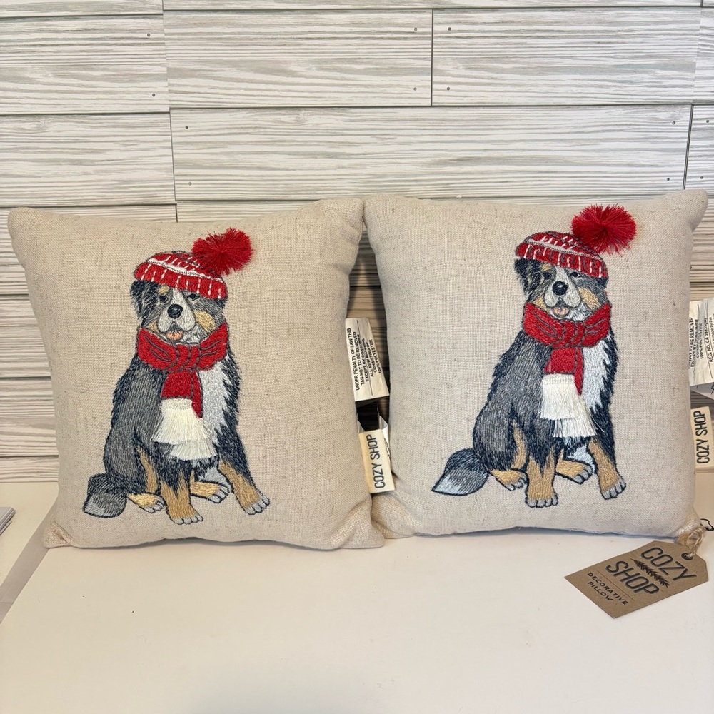New Cozy Shop Christmas Dog Pillows 11”Embroidered Australian Shepherd Hat Scarf